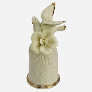 Cream Dove & Flower Ceramic Bell ~ Gold Accents ~ 5.75" Wedding Anniversary